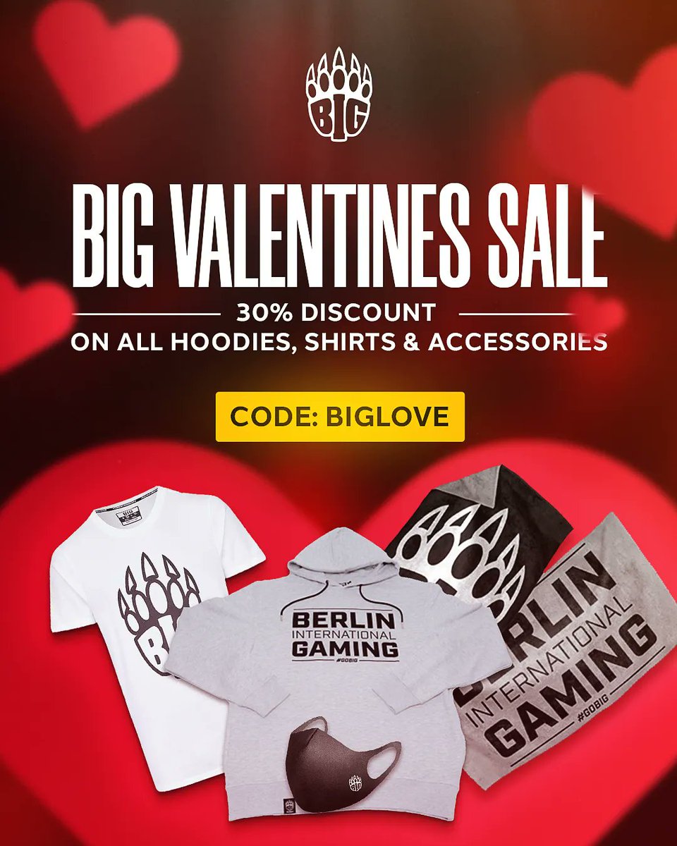 BIGCLANgg's tweet photo. BIG VALENTINE'S SALE COMING YOUR WAY ❤️

Save 30% on our hoodies, shirts and accessories until 15.02.
Use the code "BIGLOVE".

🛒 https://t.co/zw88dT35Uy https://t.co/1E9vaRS0FV