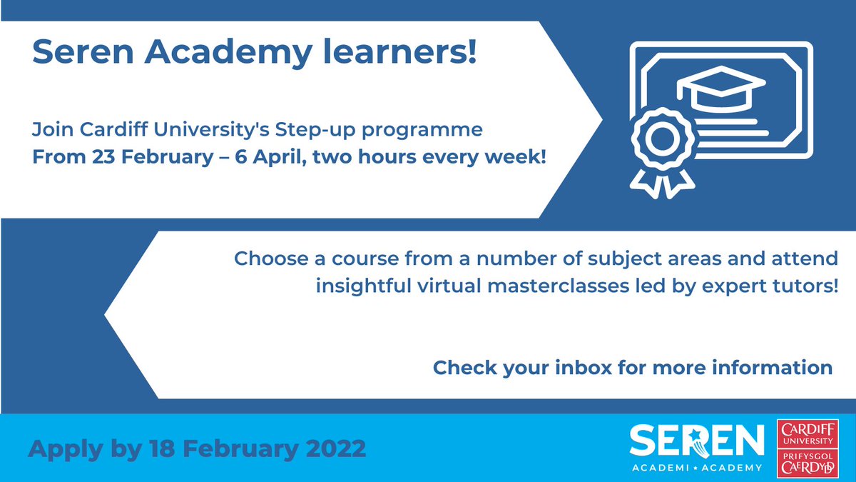 TheSerenAcademy's tweet photo. 🚨Calling Yr 12 Academy learners🚨 

Join @cardiffuni's ‘Step-up’ programme for an insight into university life &amp; study 🎓
Attend virtual masterclasses led by experts at the uni, choosing from a number of subject areas! 📒

Check your emails for the entry criteria and details📧 https://t.co/cHKQFaAEAb