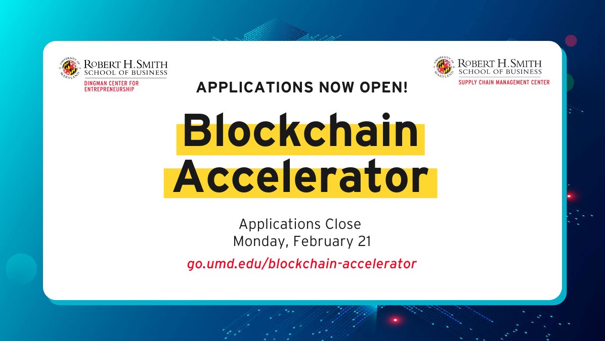 ClarkSchool's tweet photo. Applications are now open for the @UMDBlockchain #accelerator until Mon 2/21! This no-cost virtual 45-day program will help early-stage #blockchain #startups from around the world access content and mentorship to advance their businesses. Apply now! https://t.co/7zSWZKatin https://t.co/oMdDe9IbMI