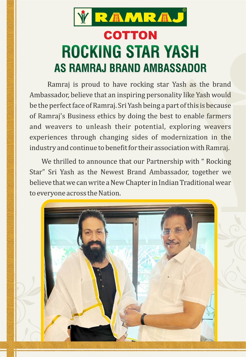 Rocking Star Yash Boss <a href="/TheNameIsYash/">Yash</a> New Brand Ambassador For <a href="/Ramrajofficial/">Ramraj Cotton</a>
#KGFChapter2 #YashBOSS #Yash