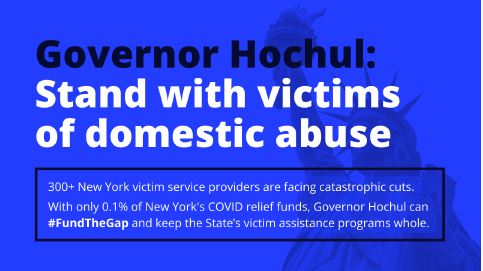 At a time when #DomesticViolence survivors are
struggling with poverty, homelessness, job loss,
food insecurity, trauma, and isolation, state funding
cuts threaten to leave them without the help they
need. @GovKathyHochul #SaveVOCA
#FundTheGap