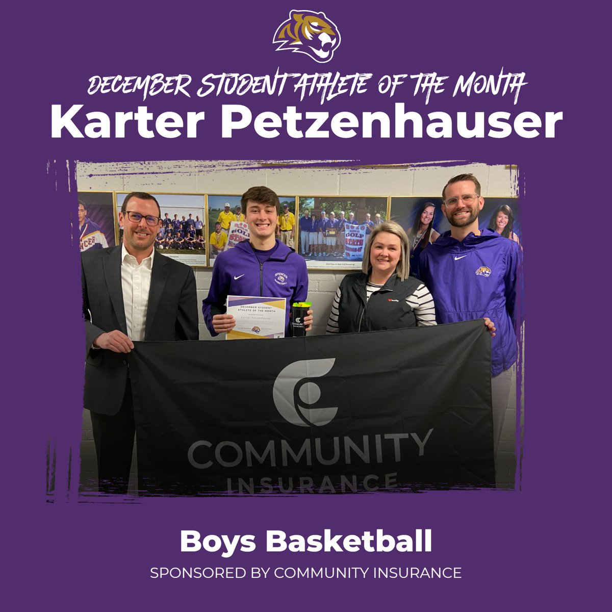 We are a little behind, but Karter Petzenhauser was our Dec. Student-Athlete of the Month! 

Karter recently became Spencer's All-Time Scoring leader! Coach Petz said, "KP has grown as a vocal leader, playing unselfish &amp; doing what is necessary for the team" 

#TigerPride #1Team