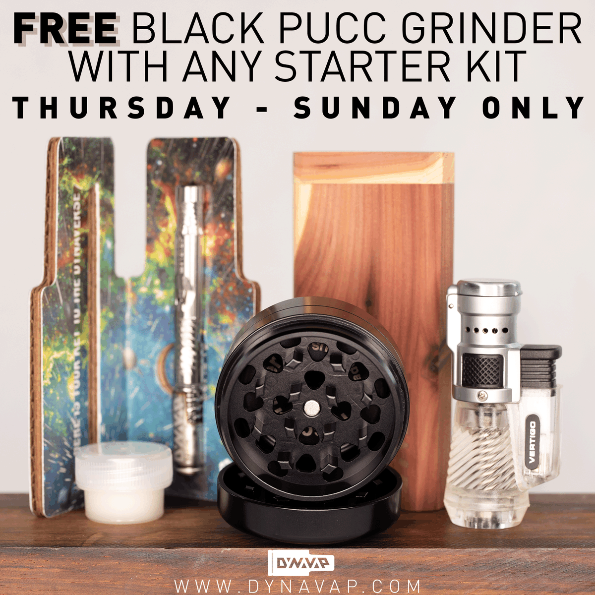 DynaVap's tweet photo. 🚨FLASH SALE ALERT🚨

Sometimes the best things in life are free...at least until this Sunday. Pick up any starter Kit and receive a free black Pucc grinder.

#dynavap #dynaverse #vapepics #vapedaily #vaping #vapingfamily #vapingcommunity #vapecrew #vapefriends #vapelyfe https://t.co/BBYuNTb9wX