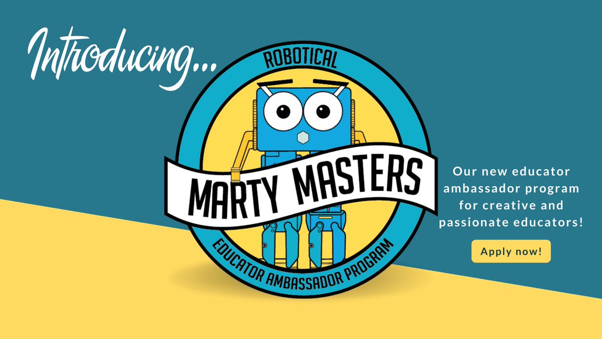Introducing... Marty Masters!

Our new ambassador program for educators looking to make a difference to STEM education and the Robotical educators community!

Interested in joining our awesome community? Learn more ➡️ bit.ly/3HJHtl6

#teachersoftwitter #edutwitter