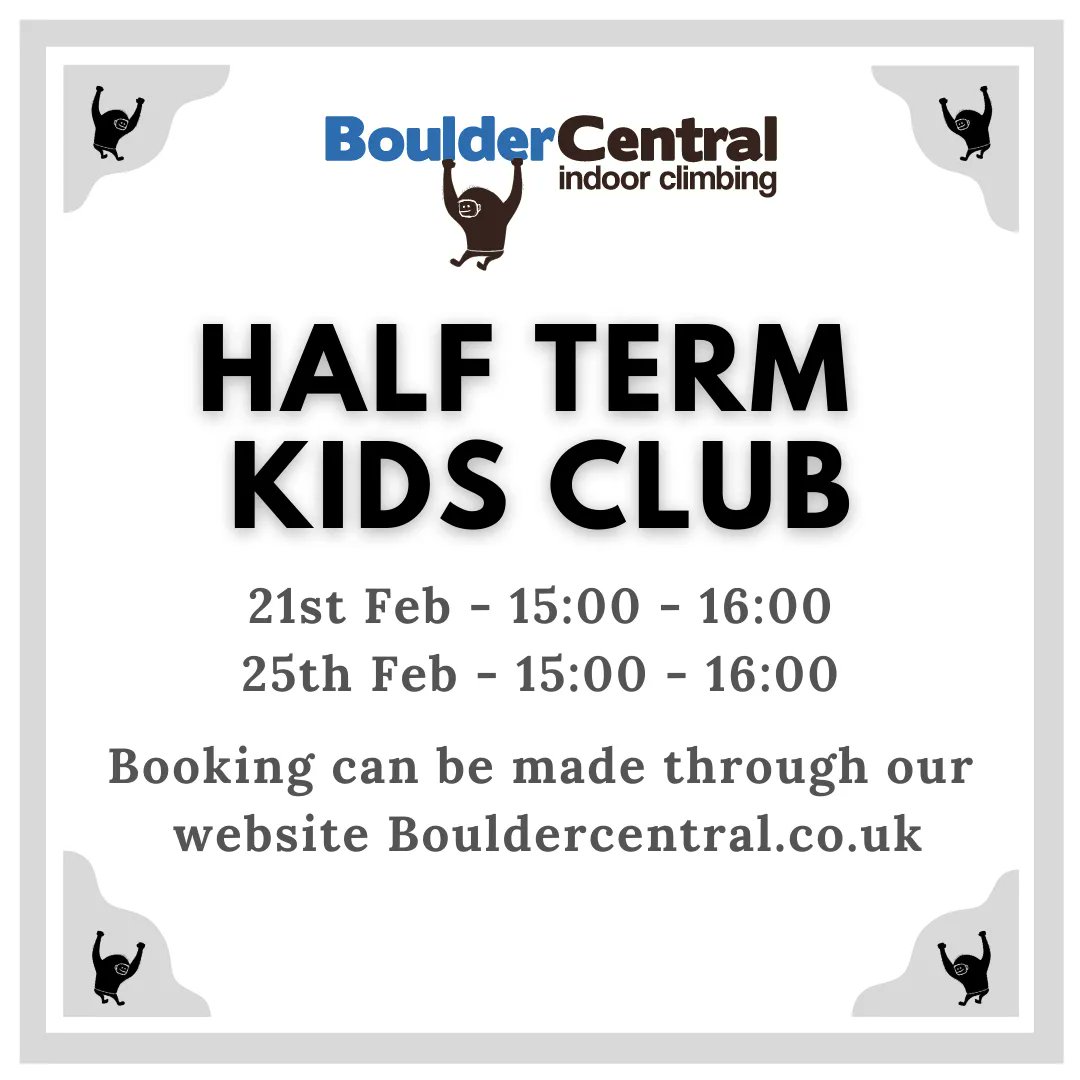 With half term approaching, booking for our kids clubs on the 21st and 25th Feb is open 🐒 They have limited availability so be sure to book to secure a place! This can be done through our website bouldercentral.co.uk ⛰️

#bouldercentral #bouldering #indoorclimbing