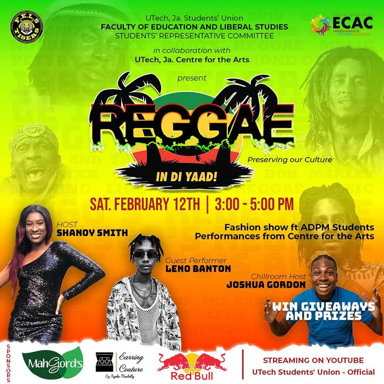 Tune in to 'Reggae In Di Yaad' this Saturday, February 12, 2022!
.
You will be treated to a cultural explosion which will feature live performances, a fashion show and giveaways.
.
Live streaming will be on the UTech Students' Union - Official YouTube page.