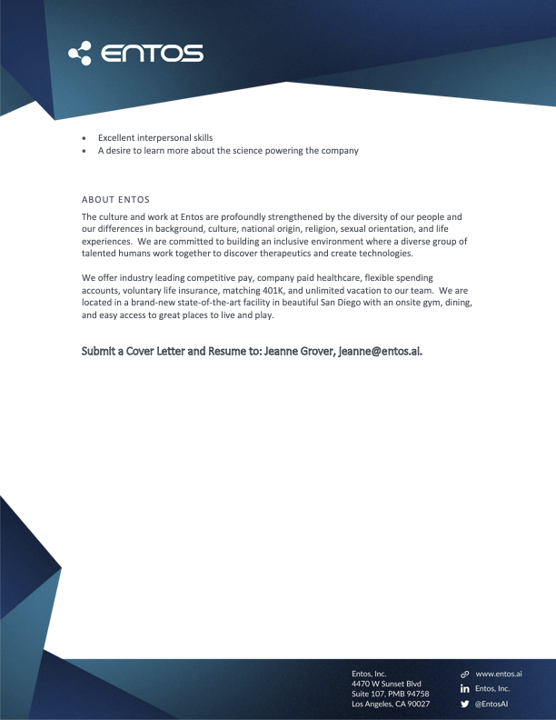 We’re hiring a Senior Software Engineer to advance our core mission of accelerating small molecule drug discovery at Entos!

The candidate will play a leadership role in identifying new software technologies, ensuring ecosystem robustness, and driving development best practices.