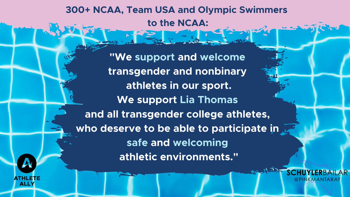 BREAKING: We are proud to join <a href="/sb_pinkmantaray/">Schuyler Bailar (he/him)</a>  and 300+ NCAA, Team USA and Olympic swimmers in calling on the NCAA to support Lia Thomas + all trans and nonbinary athletes in swimming. Thank you <a href="/SInow/">Sports Illustrated</a> @jmkliegman for covering. 🏊🏳️‍⚧️  si.com/college/2022/0…