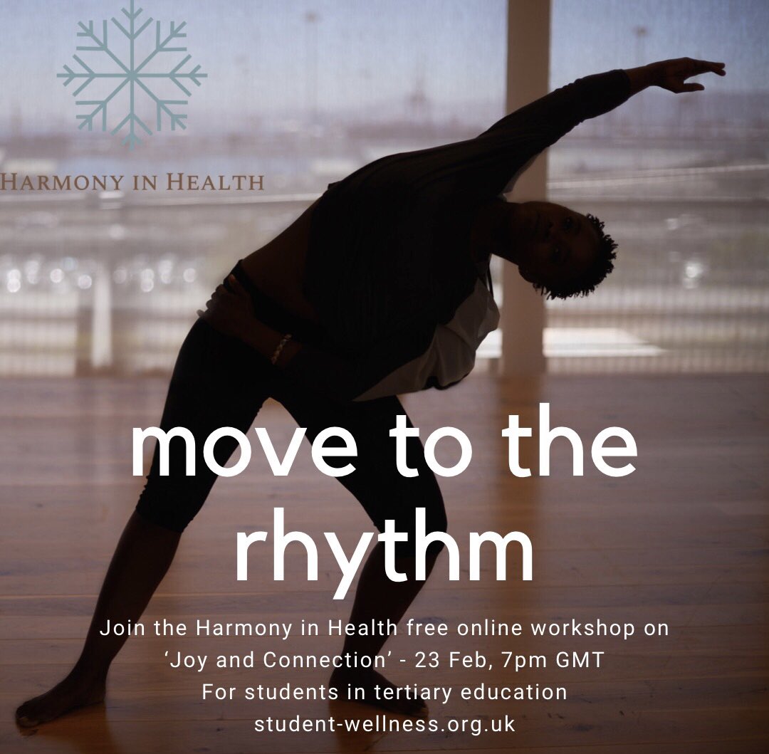Student Wellness workshop on
“Joy and connection”
Free on Zoom, 23 Feb, 7pm
Movement, rhythm &amp; song
harmonyinhealth.org/joyandconnecti… 
“When you dance to your own rhythm, life taps its toes to your beat“ - Terri Guillemets 
#studentwellness 
#studentwellbeing 
#studentmentalhealth
#harmony