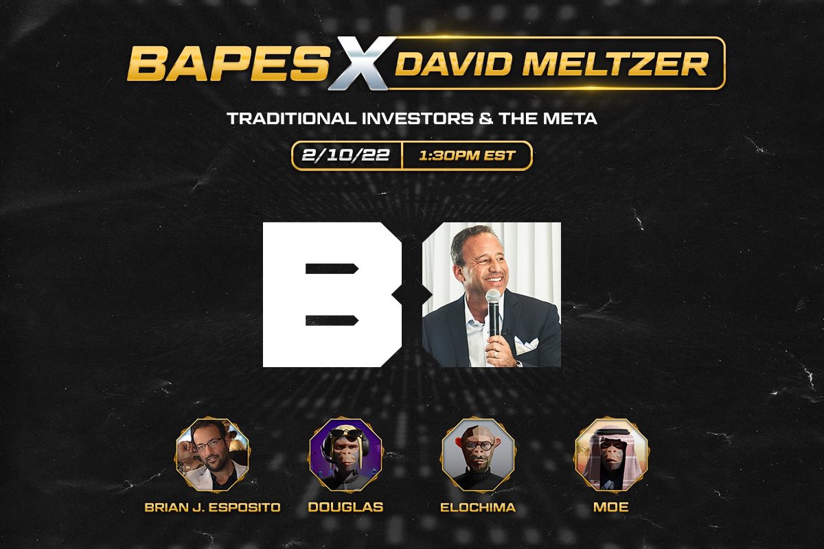 bapesclan's tweet photo. Traditional Investors &amp; The Meta with @davidmeltzer today at 1:30pm EST

https://t.co/1H3kymEPiT

Set your reminders‼️ https://t.co/qTfVhaWBTQ