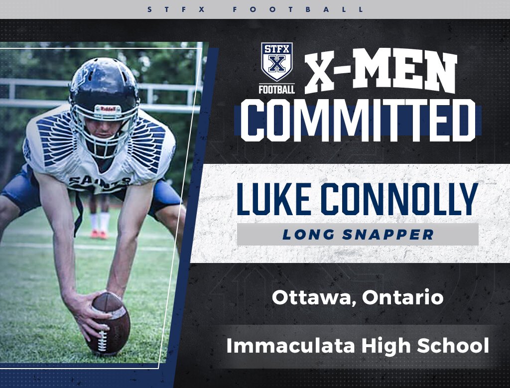 X-Men Football is extremely excited to announce the commitment of Long Snapper Luke Connolly. Luke is from Ottawa, Ontario and comes to us from Immaculata High School. Welcome to the STFX family Luke!  #hailandhealth <a href="/StFXAthletics/">StFX Athletics</a>