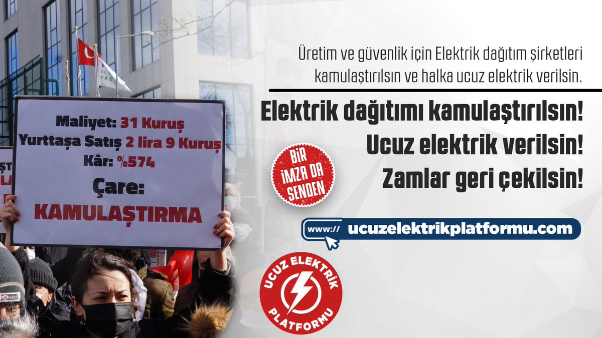 Gelen elektrik faturaları akıl alır şey değil. Vatandaşımız bu abartılı faturaların altında eziliyor. 
Buna mecbur değiliz. Elektrik dağıtımı özel şirketlerin kontrolünde olmasın devlet eliyle vatandaşa ulaştırılsın. 

ucuzelektrikplatformu.com
#UcuzElektrikPlatformu
