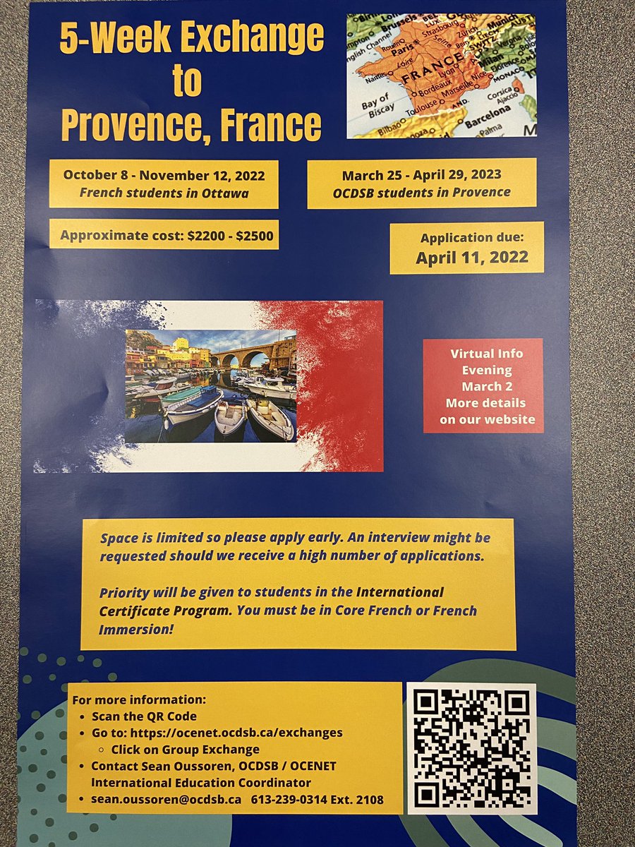 Hey SWL: Ottawa-Carleton Education Network is hosting a 5 week exchange to Provence, France! Open to any Grade 10-12 students in French Immersion or Core French. Preference given to students in the ICP program as well :)
<a href="/OCDSB/">OCDSB</a> <a href="/OCENETOttawa/">OCENET 🇨🇦 @OCDSBs International Learning Partner</a> <a href="/s_oussoren/">Bikingfuture</a>