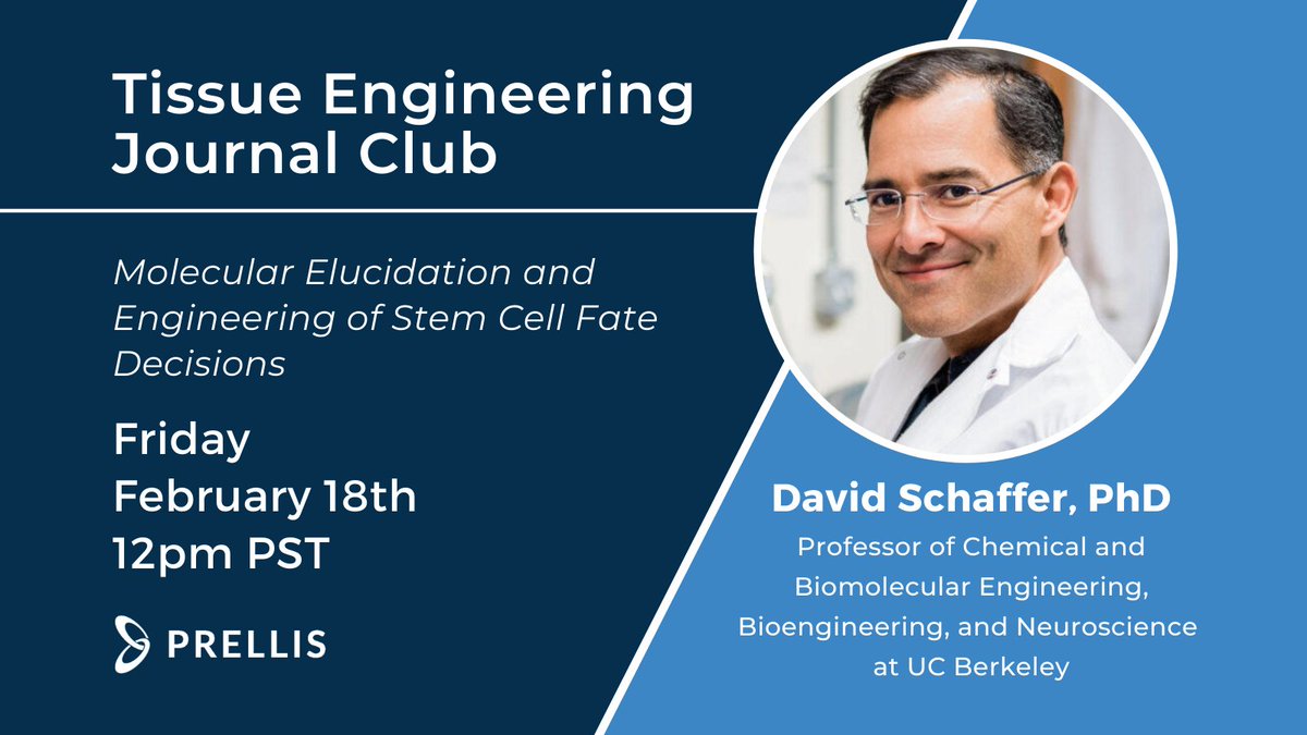 Prellis Biologics (@prellisbio) on Twitter photo Next week, Prellis is hosting Dr. David Schaffer, Professor at <a href="/UCBerkeley/">UC Berkeley</a>, at our TEJC #webinar. Join us for his presentation, "Molecular Elucidation and #Engineering of #StemCell Fate Decisions."
Register at bit.ly/3uEJTy0.
#Biotech #TissueEngineering Next week, Prellis is hosting Dr. David Schaffer, Professor at <a href="/UCBerkeley/">UC Berkeley</a>, at our TEJC #webinar. Join us for his presentation, "Molecular Elucidation and #Engineering of #StemCell Fate Decisions."
Register at bit.ly/3uEJTy0.
#Biotech #TissueEngineering