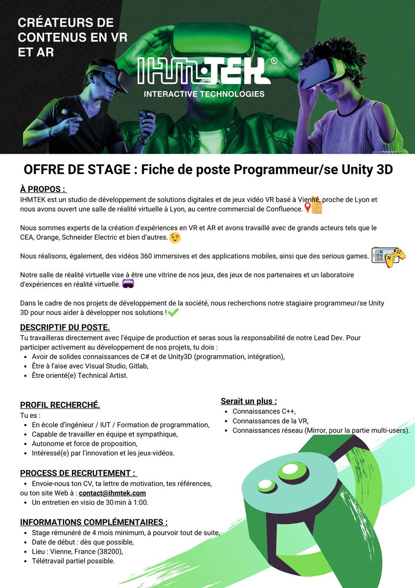 IHMTEK #RECRUTE ! 🎉
✨ Un.e #stagiaire en Commercial.e/ Bizdev 
✨ Un.e stagiaire au poste de Programmeur/se Unity 3D
Vous êtes intéressés ?
Contactez-nous !
👉contact@ihmtek.com

#stage #bizdev #commercial #programmeur #unity #recrutement #emploi #vienne #offredestage