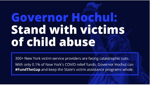 In a year with a record-setting state budget, 300+ New
York victim assistance programs are facing
catastrophic funding cuts.

Just 0.1% of New York’s COVID relief funds would
prevent this from happening. What’s wrong with this
picture? @GovKathyHochul #FundTheGap
#SaveVOCA