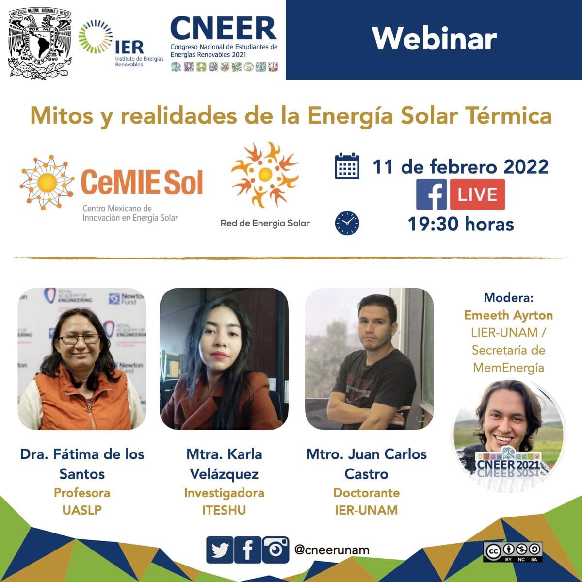 ierunam's tweet photo. Te invitamos al Webinar de mañana organizado por el @cneerunam, @cemiesol y @RedSol14:

☀️ Mitos y Realidades de la #EnergíaSolarTérmica
🗓 Viernes 11 de febrero
⏰ 19:30 horas
💻 En vivo por: https://t.co/n5qIhJRWym https://t.co/YHynIkw53c