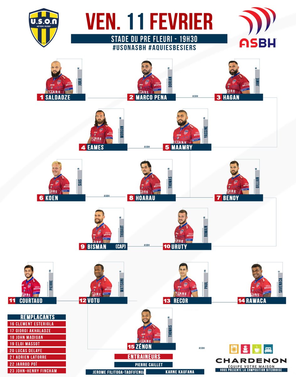 ASBHOfficiel's tweet photo. 🔜 Notre partenaire, #ChardenonBéziers, vous propose de faire connaissance avec le groupe 🔴🔵 qui se déplace au Pré Fleuri 🏟 dans le cadre de la J20 de @rugbyprod2 🏉
1️⃣4️⃣ JIFF & 6️⃣ joueurs du #CDF se trouvent sur la feuille de match.
#USONASBH #AquiEsBesiers https://t.co/9ju9CPLG5N