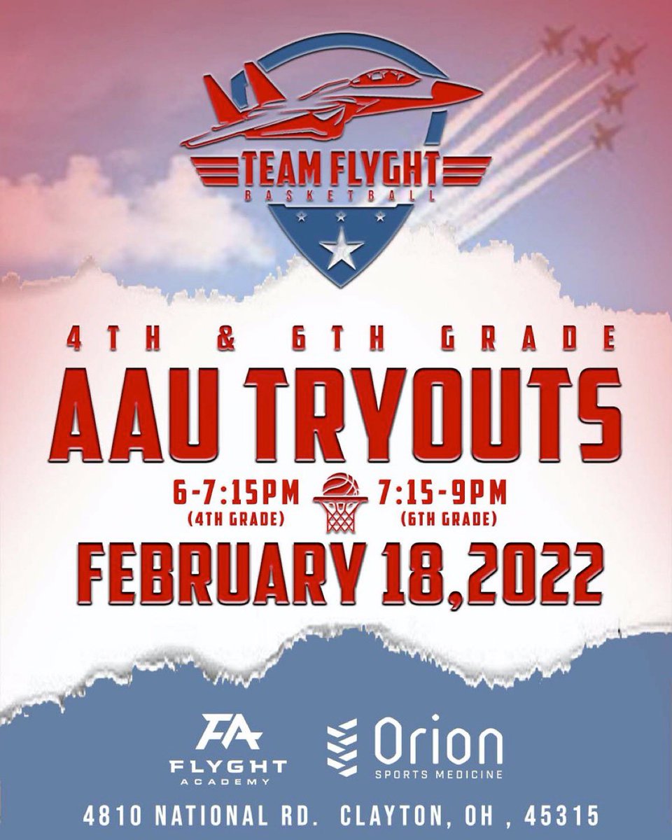✈️ 🏀 it’s  that time of year 4th &amp; 6th grade boys! Come tryout for an opportunity to #FlyWithUs #TeamFlyght 

Tryouts are at Northmont Middle School!