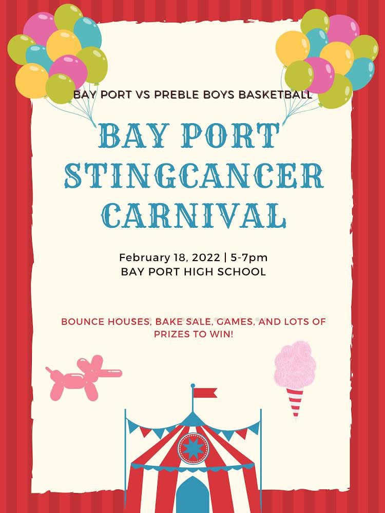 The carnival is back this year! Next Friday the 18th from 5-7the <a href="/BayPortBoysBB/">BP Boys BB</a> will face <a href="/PrebleHoops/">Preble Basketball</a> at <a href="/BayPortHS/">Bay Port High School</a>. We are excited to see everyone and have a fun night! Don’t forget to stop by all the raffle, silent auction, bake sale items, and fun games for all ages!