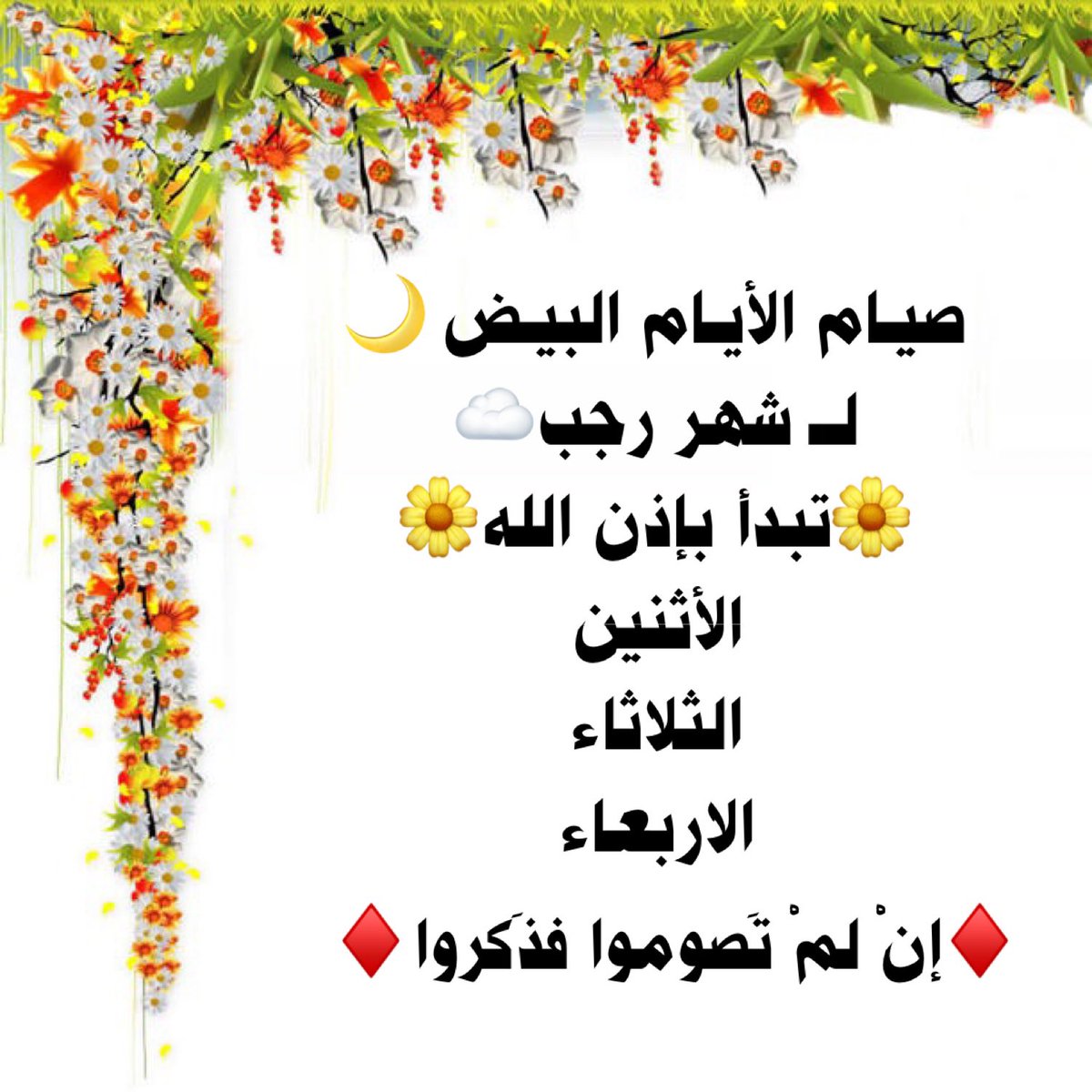 ajrri's tweet photo. @othmanalkamees "وان تصوموا خير لكم.."
《 تـذكـير 》
🌕 الأيام البيض🌕
لـ شهر رجب لعام ١٤٤٣هـ
•*•*•
الأثنين
١٣ رجب
١٤-٢-٢٠٢٢
•*•*•
الثلاثاء
١٤ رجب
١٥-٢-٢٠٢٢
•*•*•
الاربعاء
١٥ رجب
١٦-٢-٢٠٢٢
.
#رجب
#الأيام_البيض
#الأشهر_الحرم
.
إن لم تصم فذكر⭐
⚠️اغتنم ..الثواب مضاعف في الأشهر الحرم⚠️ https://t.co/EJ4xNya1nu