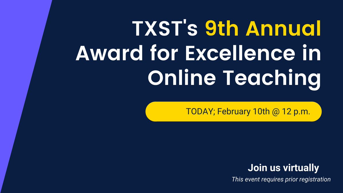 We are very excited to start our virtual ceremony for the Award for Excellence in Online Teaching soon! 

Congrats to all of our winners!

distancelearning.txstate.edu/faculty/Award-…