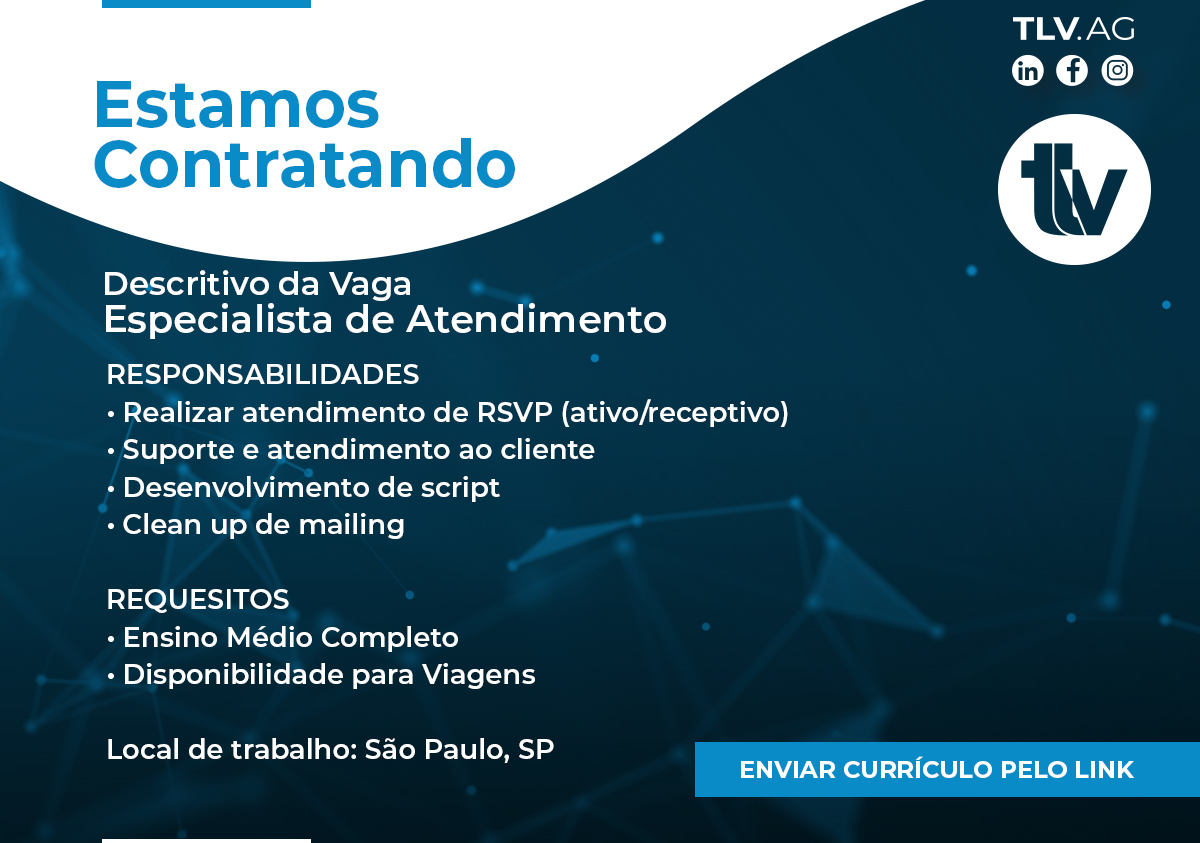 tlv_ag's tweet photo. Estamos contratando!

Descritivo da Vaga: Especialista de Atendimento

Cv,s no link: https://t.co/fZas3fWvKC

Boa Sorte! https://t.co/HIBaa5syC3