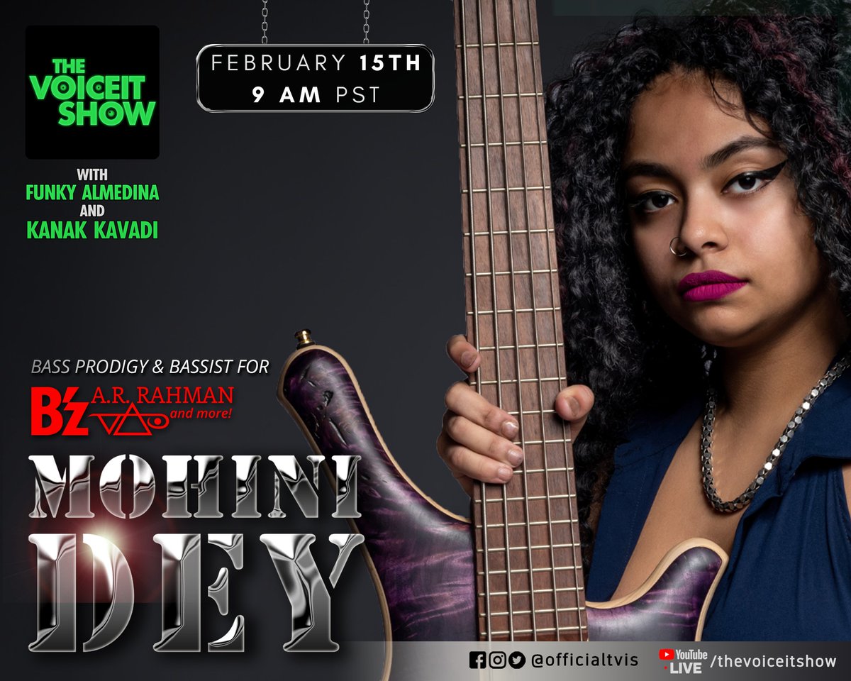 We're supremely delighted to announce that the phenomenal, Bass extraordinaire for A.R. Rahman, Steve Vai, B'z, and more - Mrs. <a href="/mohinidey17/">mohini dey</a> - Hartsuch - will be joining us as the special guest on the upcoming episode of <a href="/officialtvis/">The VoiceIt Show</a> !

Be there

YT Link: bit.ly/tvis-MohiniDey