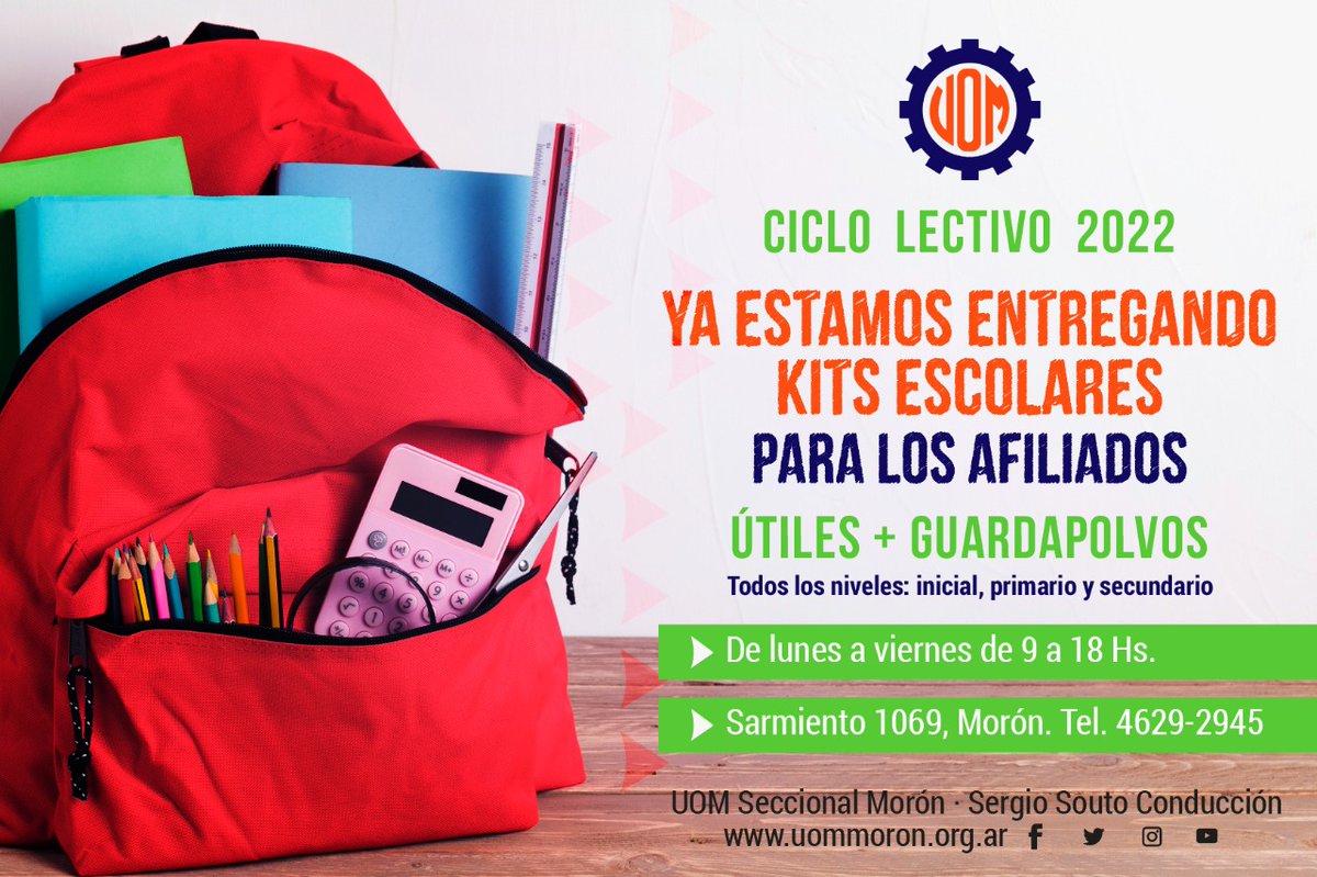 uommoron's tweet photo. ⭕  Los kits de útiles escolares + guardapolvos para TODOS los niveles están llegando a las fábricas de la #UOMMorón y se retiran en la seccional.

▶  Un nuevo año que es posible gracias al compromiso y el respaldo de la familia metalúrgica. 

☎  Informes: 4629-2945 https://t.co/yj250DwBXb