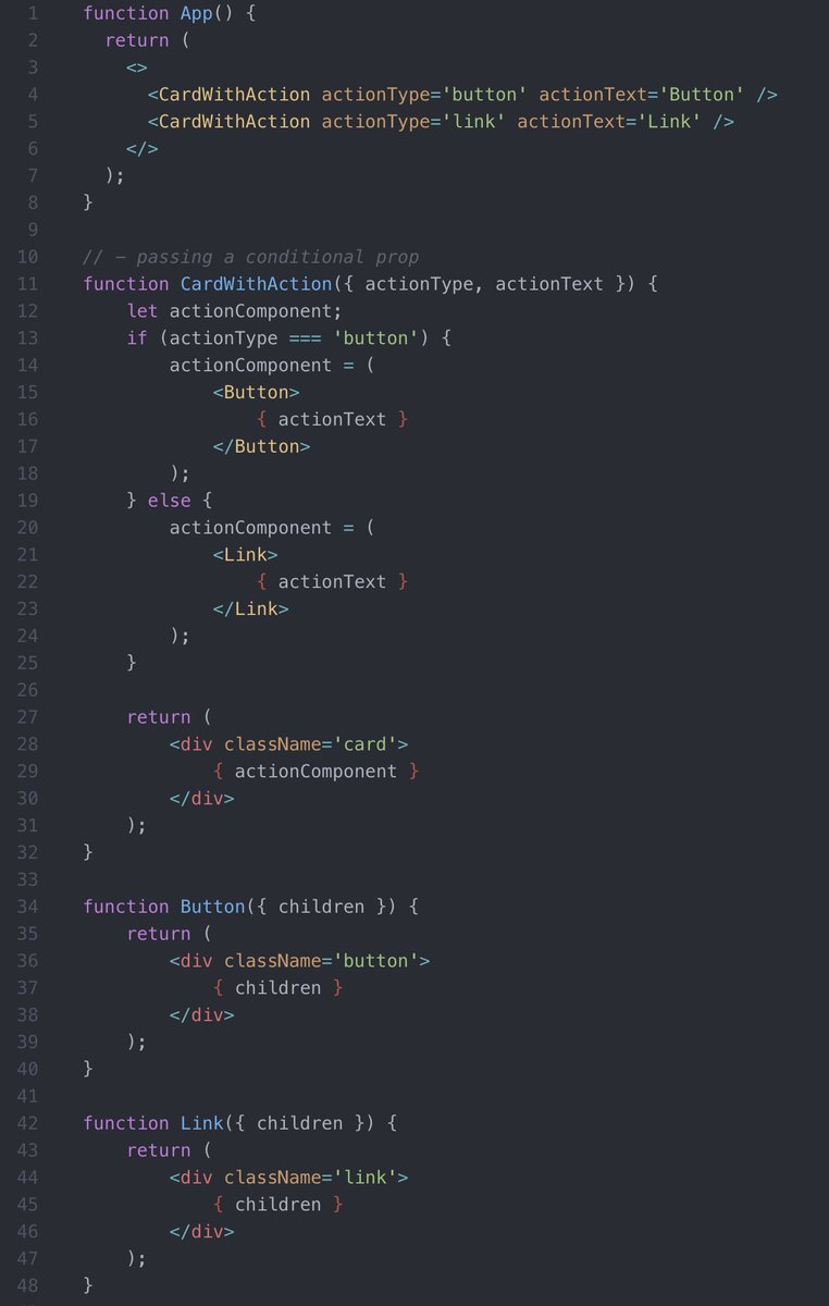 abdulwebdev's tweet photo. Avoid conditional props in favor of declarative ones. Consider a basic card + action component, the following shows how to do it both ways. The declarative one has less LOC, less logic, easier to read https://t.co/1BJ7a226wV #ReactJS #javascript #programming #softwaredevelopment https://t.co/7qMSUxptQ8