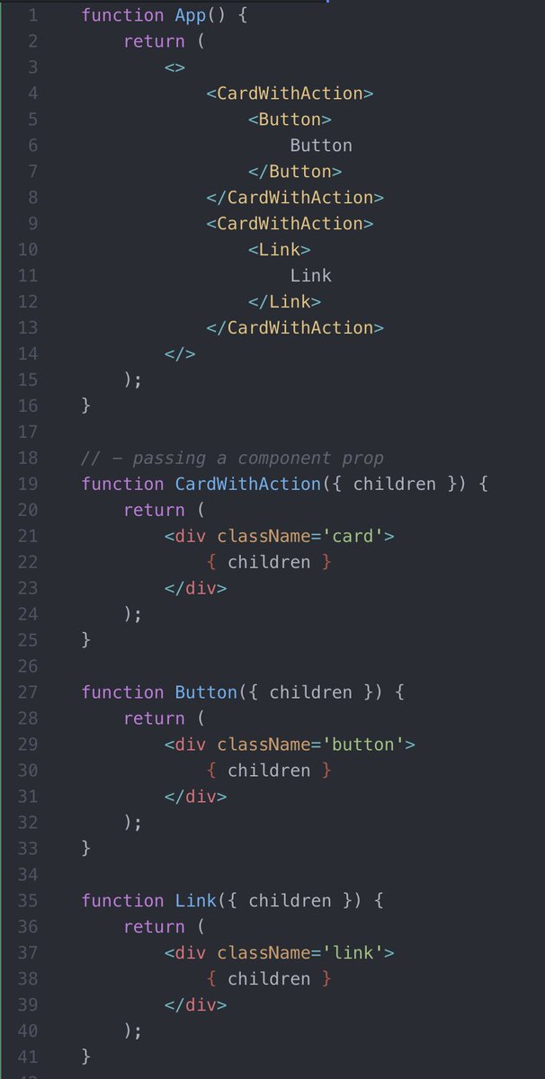 abdulwebdev's tweet photo. Avoid conditional props in favor of declarative ones. Consider a basic card + action component, the following shows how to do it both ways. The declarative one has less LOC, less logic, easier to read https://t.co/1BJ7a226wV #ReactJS #javascript #programming #softwaredevelopment https://t.co/7qMSUxptQ8