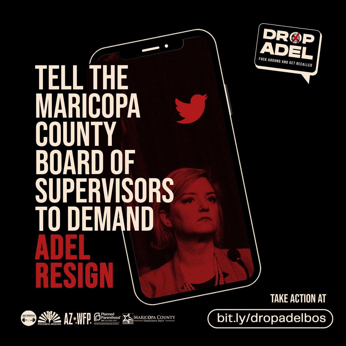 Today, we're asking folks to join us in demanding the #MaricopaBoardOfSupervisors call for Allister Adel’s resignation! Learn how to write to them at bit.ly/dropadelbos. 

It takes less than 5 seconds to let them know their constituents are all saying it's time to #DropAdel