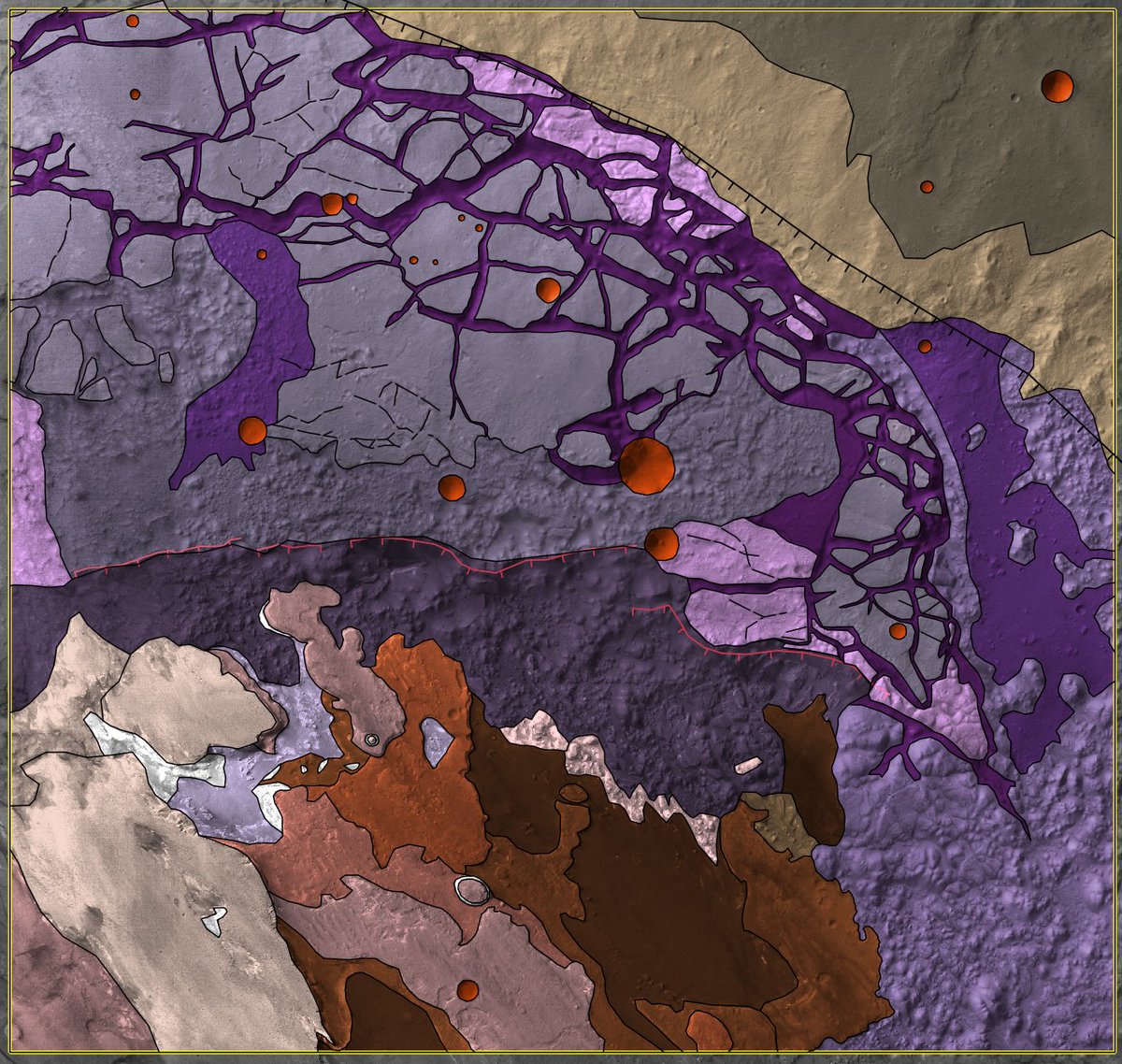 CryoGray's tweet photo. Really enjoying learning how to create geological maps using QGIS and Mappy @PlanetaryGeoMap Winter school 2022! Very pleased with my first decent attempt at an area in the Aram Chaos Impact Crater. #GMAPWinterSchool2022 #Geology #PlanetaryMapping #QGIS https://t.co/idofuoLpkP