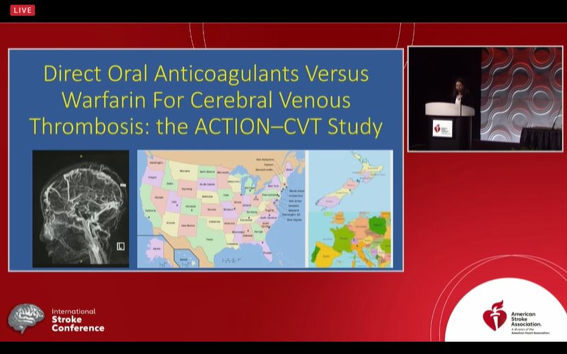 MAIN SESSION IS LIVE at #ISC22 

Dr. Ekaterina Bakradze is now presenting the ACTION-CVT results on behalf of <a href="/ShadiYaghi2/">Shadi Yaghi</a> et al.

CONCLUSIONS
1. DOACs non-superior to VKA for CVT for primary outcome
2. DOACs superior to VKA for safety outcome of major bleeding

<a href="/StrokeAHA_ASA/">Stroke AHA/ASA</a>