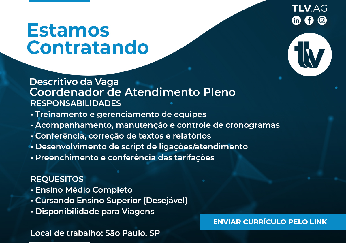 tlv_ag's tweet photo. Estamos contratando!

Descritivo da Vaga: Coordenador de Atendimento Pleno. 

Cv,s no link: https://t.co/fZas3fWvKC

Boa Sorte! https://t.co/HJq0CBQeHC