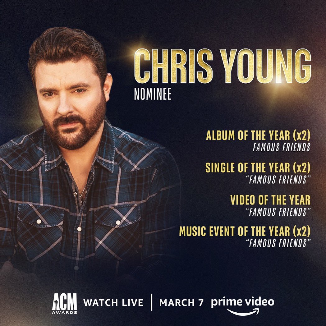 Huge congrats to our client, .@chrisyoungmusic who received 7 .@acmawards nominations, making him this year’s top nominee! #FamousFriends #acmawards