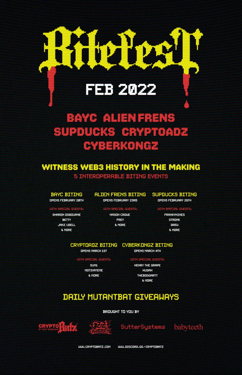 We are excited to finally announce the schedule for BiteFest - a 2 week bonanza that will see MutantBatz come to life and change NFT history forever.

CryptoBatz holders: BRACE YOURSELF... this will be huge.