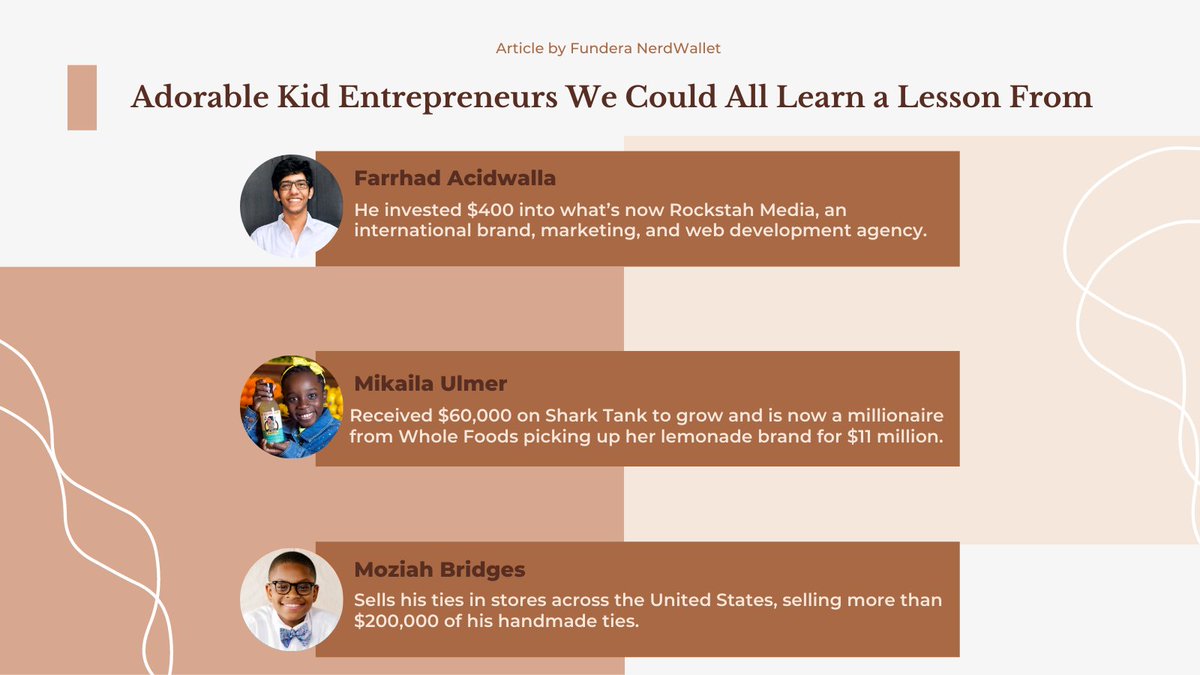 Some more inspiring young entrepreneurs and their stories from @Fundera! 🤩

You can learn more about them here:
bit.ly/366fy0X   

#kidsbusiness #kidsbusinessowner #kidssmallbusiness #entrepreneurialmindset #kidpreneur
