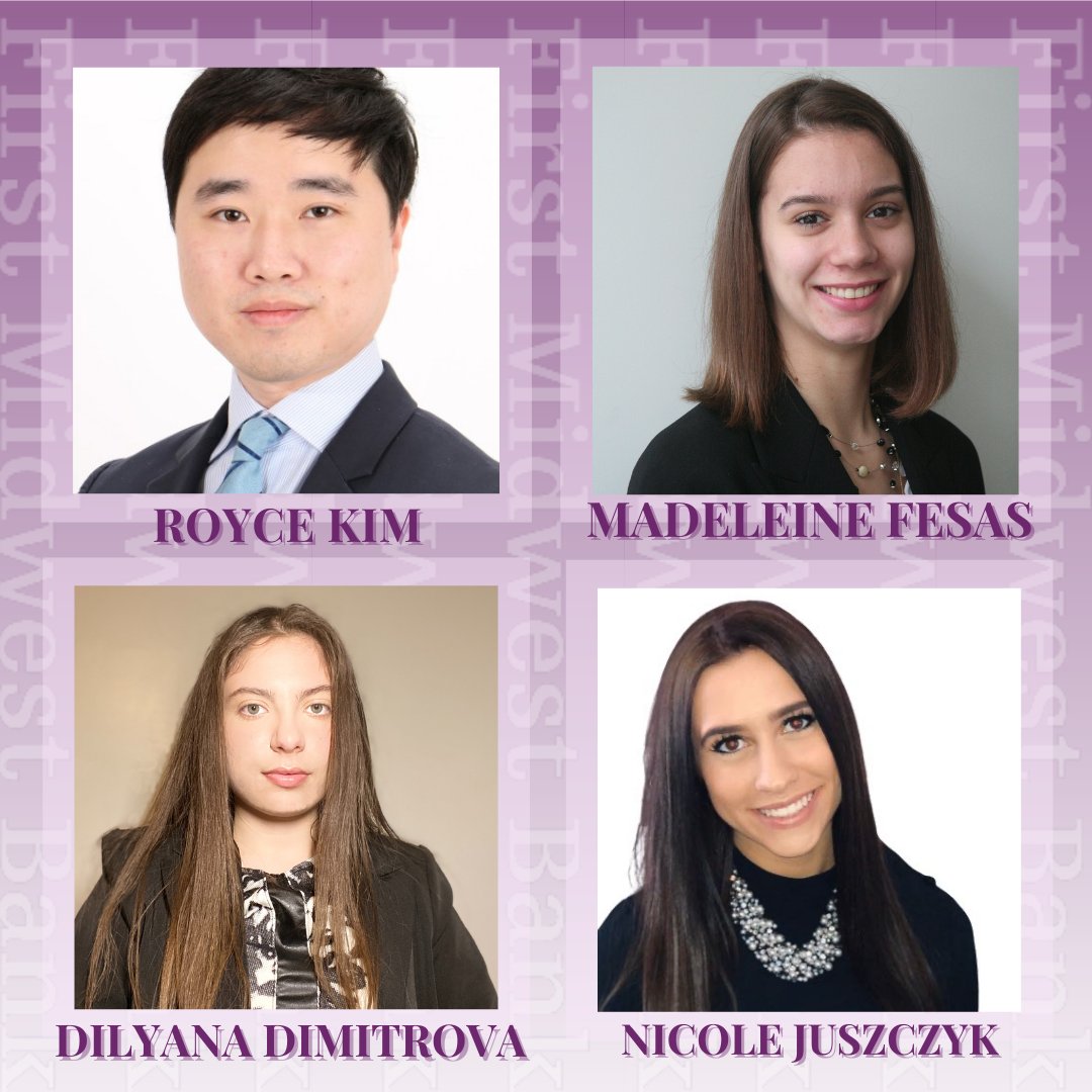 FinanceDePaul's tweet photo. Congratulations to the 2021 First Midwest Bank Scholarship recipients! A big thank you to @firstmidwestbank for supporting our mission around student success, with a special thanks to Michael Scudder, Corliss Garner and Kelsey Hanrahan for their continued support! https://t.co/NF1JgTBnNg