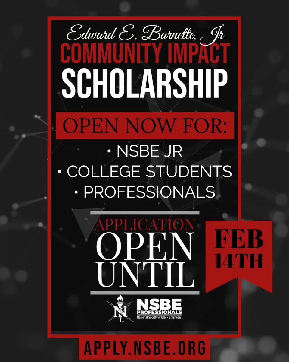 REMINDER! Nominations for the Edward Barnette Jr. scholarship are now OPEN! Nominate a deserving NSBE Jr., Collegiate, or Professional member app.smartsheet.com/b/form/595b3a6…
Due by Monday, February 14, 2022. 
For more information, reach out to pebawardscoordinator@nsbe.org
