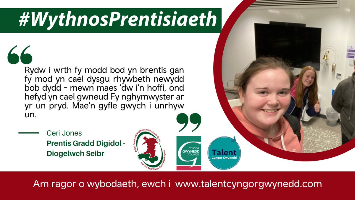 TraffigCymruG's tweet photo. Yn ystod #WythnosPrentisiaeth rydyn ni'n dathlu straeon ein prentisiaid.

Mae #ACGCC gyda @talentgwynedd yn cynnig cyfleon i brentisiaid ddatblygu eu gyrfaoedd mewn meysydd amrywiol a gweithle cynhwysol.

Darganfyddwch mwy am stori Ceri- ein Prentis Gradd Digidol.
@CyngorGwynedd https://t.co/KXqMeoCrGQ