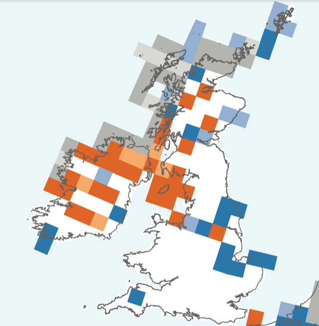CorncrakeLife's tweet photo. The orange squares show where Corncrakes have been lost since the 1980s.
Blue is a probable gain.
Grey means they have held on.
Ireland is a wee bit too MiWadi for our liking.
Fantastic if not startling data from https://t.co/aFoHgGQZ9X https://t.co/YnF7TLyUMV