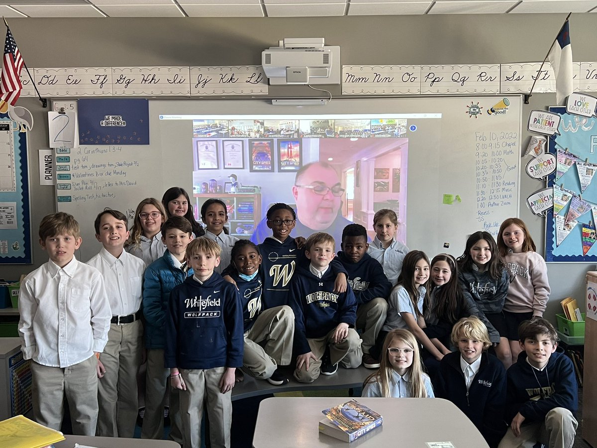 WA4thDavid's tweet photo. Excited for our author zoom with @JamesPonti author of City Spies! #whitefieldacademy https://t.co/ZYeqh9dTEh