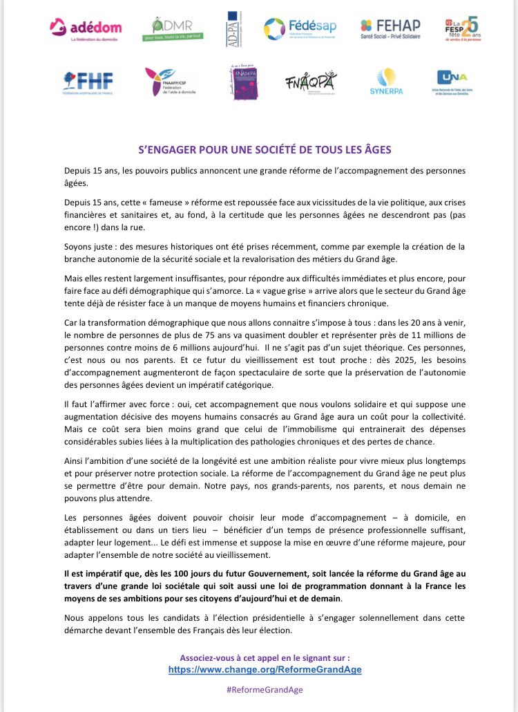 Tribune collective des fédérations et associations du secteur du grand âge pour appeler les candidats à la présidentielle à s’engager solennellement à réaliser la #ReformeGrandAge dés le début du prochain quinquennat 

➡️ Signez et diffusez la pétition : bit.ly/3styM8o