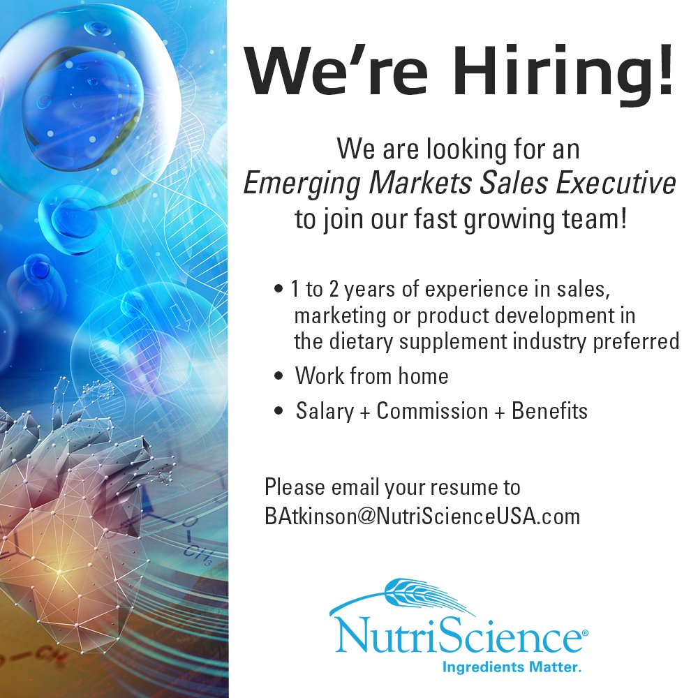 **NUTRISCIENCE IS HIRING** 
NutriScience is looking for an Emerging Markets Sales Executive. This is a work-from-home position with great benefits. If you are interested in learning more email your resume and questions to Bill Atkinson at BAtkinson@NutriScienceUSA.com.