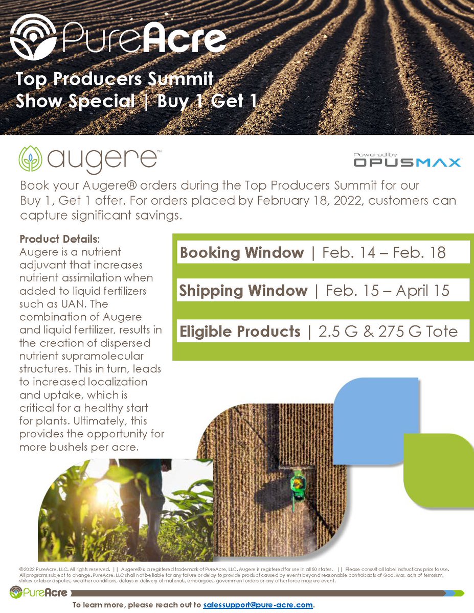 During the #TPSummit this week, we're offering a Buy 1 + Get 1 offer on Augere for those gearing up for #plant22. See more 👇🏼

#fertilizer #agtwitter #agtech