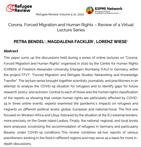RefugeeReview's tweet photo. In their paper for @RefugeeReview , @bendel_petra M. Fackler &amp; L. Wiese from @FFVT_Project summarise a series of lectures on #HumanRights in forced #migration 1/2

#Refugees #COVID19 https://t.co/zuEBq8cONQ