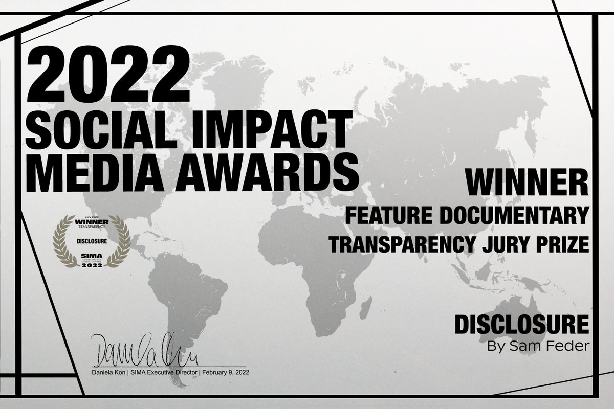 Disclosure Documentary (@disclosure_doc) on Twitter photo We're honored! Thank you <a href="/SIMAawards/">SIMA Studios + Awards</a>! #SIMA2022
See the full list of honorees: simaawards.org/2022-winners We're honored! Thank you <a href="/SIMAawards/">SIMA Studios + Awards</a>! #SIMA2022
See the full list of honorees: simaawards.org/2022-winners