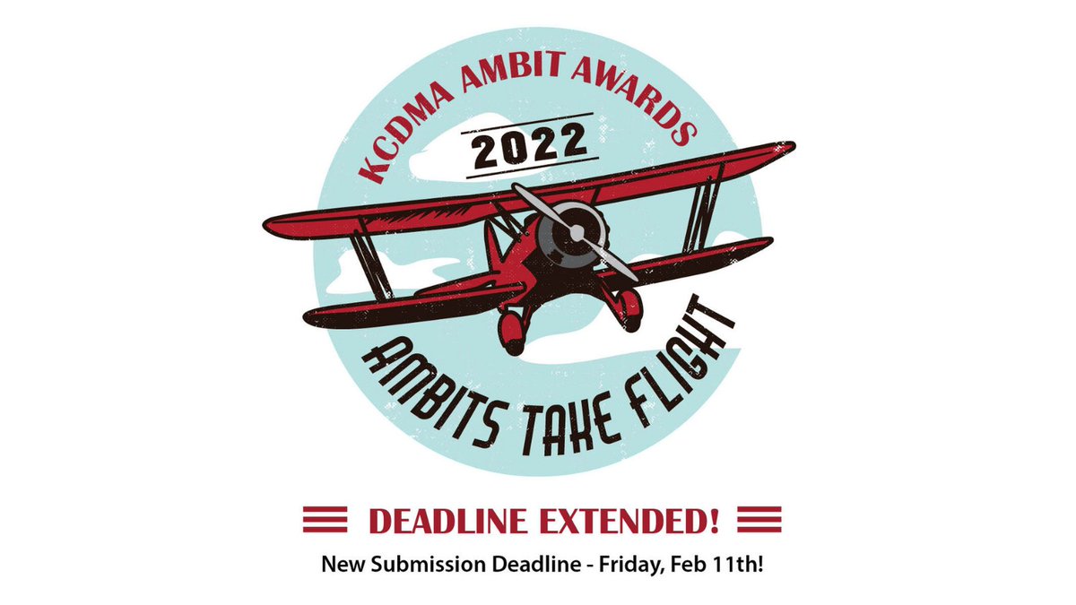 ✈️ Direct Marketers - Ready for Take Off? ✈️

Tomorrow is the final day to submit your campaigns for the AMBIT Awards! Enter here: bit.ly/3ogkXZG.

This was a busy year for all and we can’t wait to see your work recognized at our event on 4/21/2022!

#KCDMA #AMBIT2022