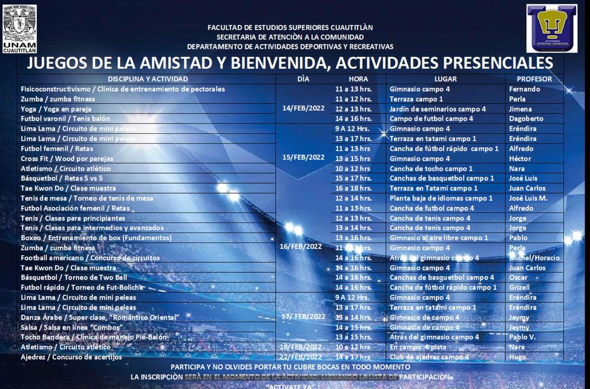 FESC_UNAM's tweet photo. Juegos de la Amistad y Bienvenida #FESCuautitlán
Participa y no olvides portar tu cubre bocas en todo momento #ActivateYa
Visita ➡️ https://t.co/ZS5KiIMq4f
https://t.co/gnciG2OxhF https://t.co/8Zc4WL7rNX